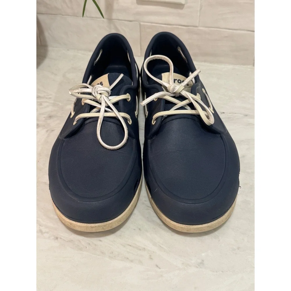 Crocs Beach Line Boat Shoe Mens 11 Navy Blue White 206338 Nautical Casual